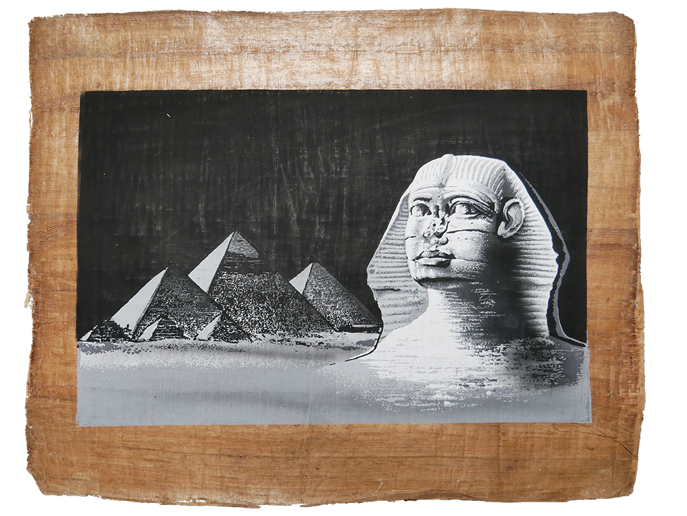 Handmade Egyptian papyrus painting: Pyramids and Sphinx — Black and White