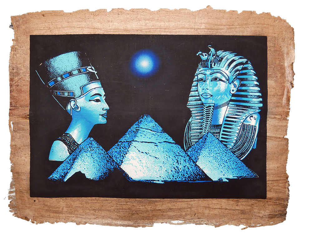 Handmade Egyptian papyrus painting: Nefertiti and Tutankhamun by Night — Blue Pyramids