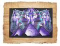 Handmade Egyptian papyrus painting: Three Masks over the Pyramids — Violet