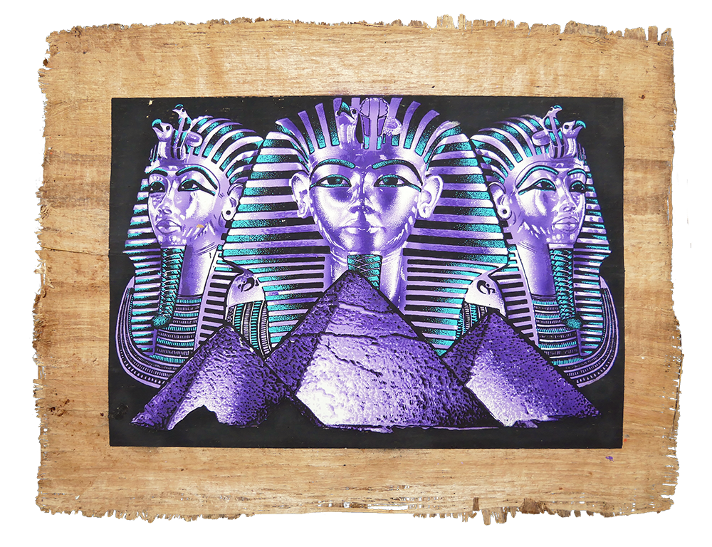 Handmade Egyptian papyrus painting: Three Masks over the Pyramids — Violet