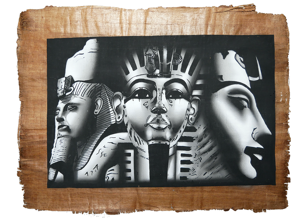 Handmade Egyptian papyrus painting: Amarna Royal Heads — Black and White