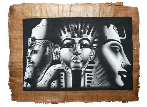 Handmade Egyptian papyrus painting: Amarna Royal Heads — Black and White