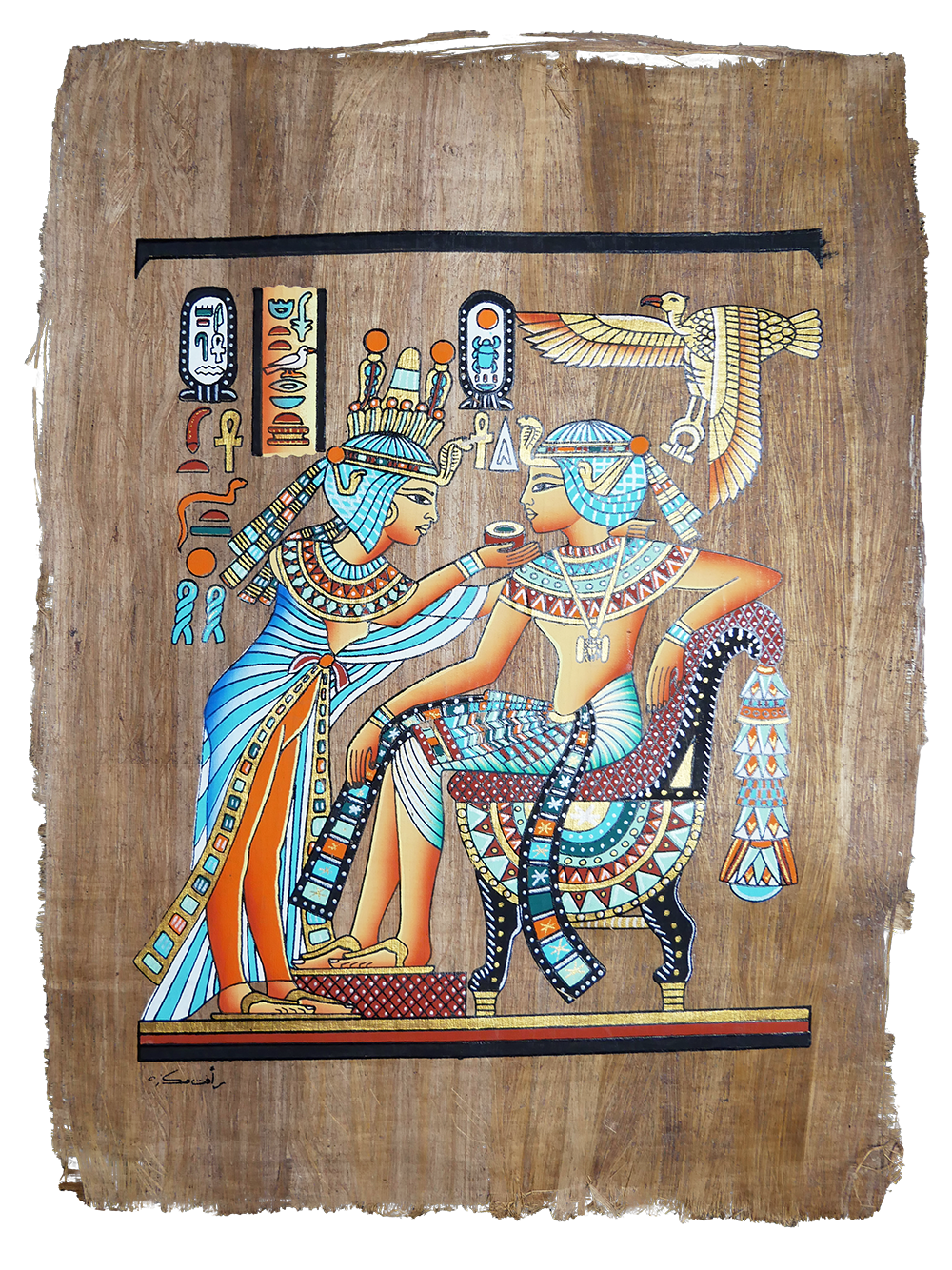 Handmade Egyptian papyrus painting: The Pharaoh and the Gods — Royal Scene