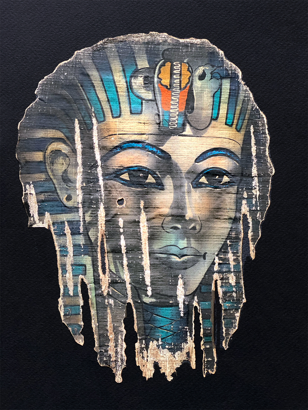 Handmade Egyptian papyrus painting: Tutankhamun — Golden Mask on Dark Ground