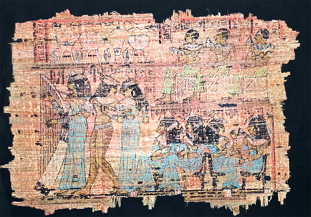 Handmade Egyptian papyrus painting: Festival Banquet with Musicians