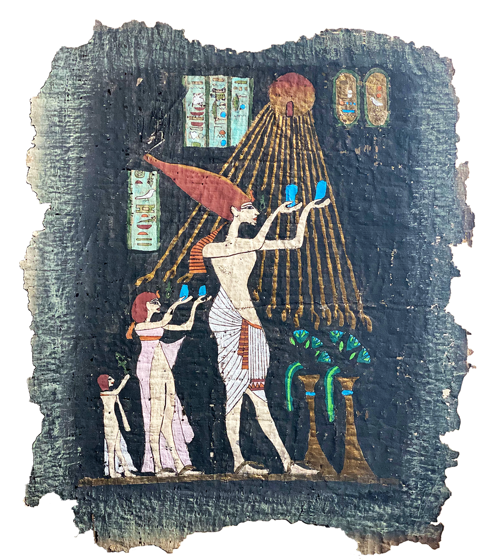 Handmade Egyptian papyrus painting: Akhenaten's Family under the Aten — Dark Ground