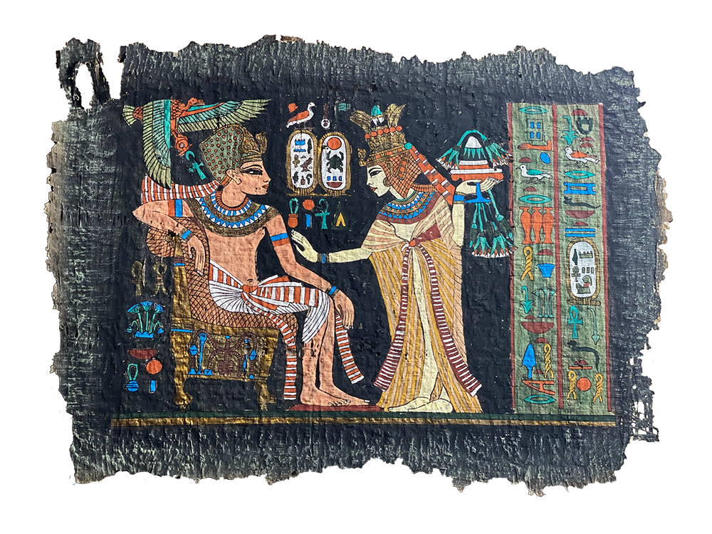 Handmade Egyptian papyrus painting: Throne Scene with Goddess — Antique Style