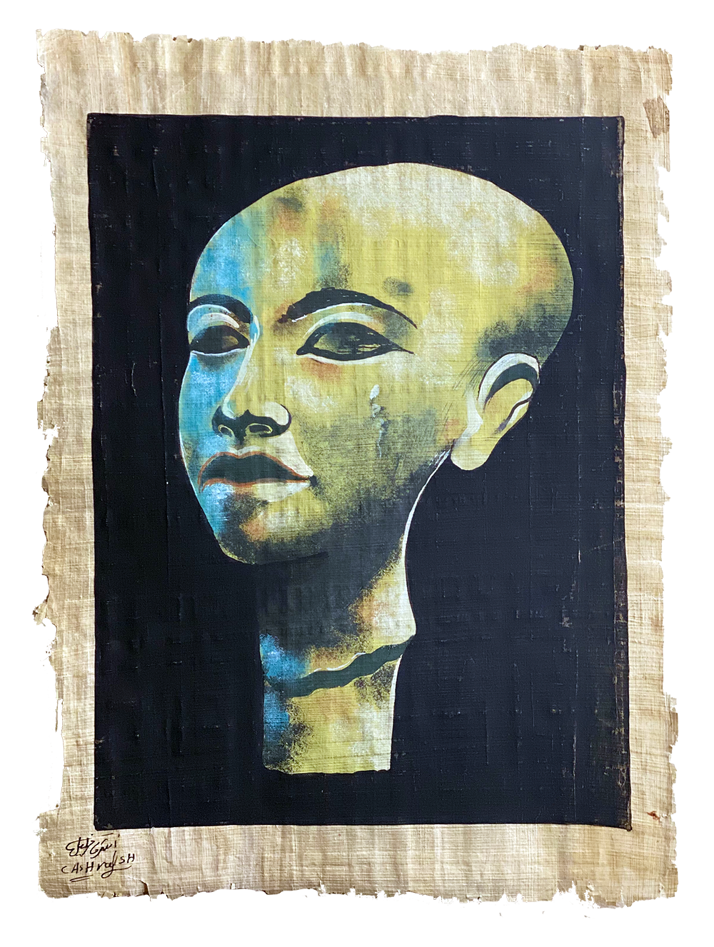 Handmade Egyptian papyrus painting: Amarna Princess — Green and Blue