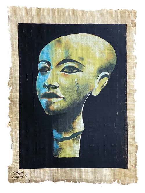 Handmade Egyptian papyrus painting: Amarna Princess — Green and Blue