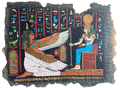 Handmade Egyptian papyrus painting: Winged Isis before the Enthroned Pharaoh