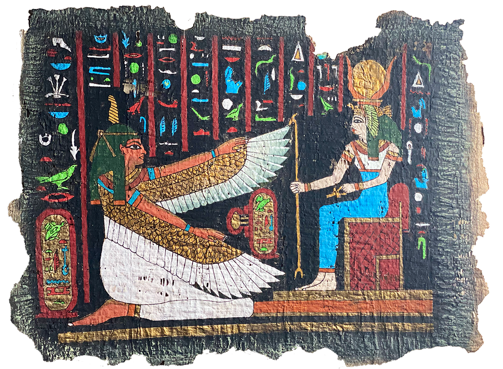 Handmade Egyptian papyrus painting: Winged Isis before the Enthroned Pharaoh