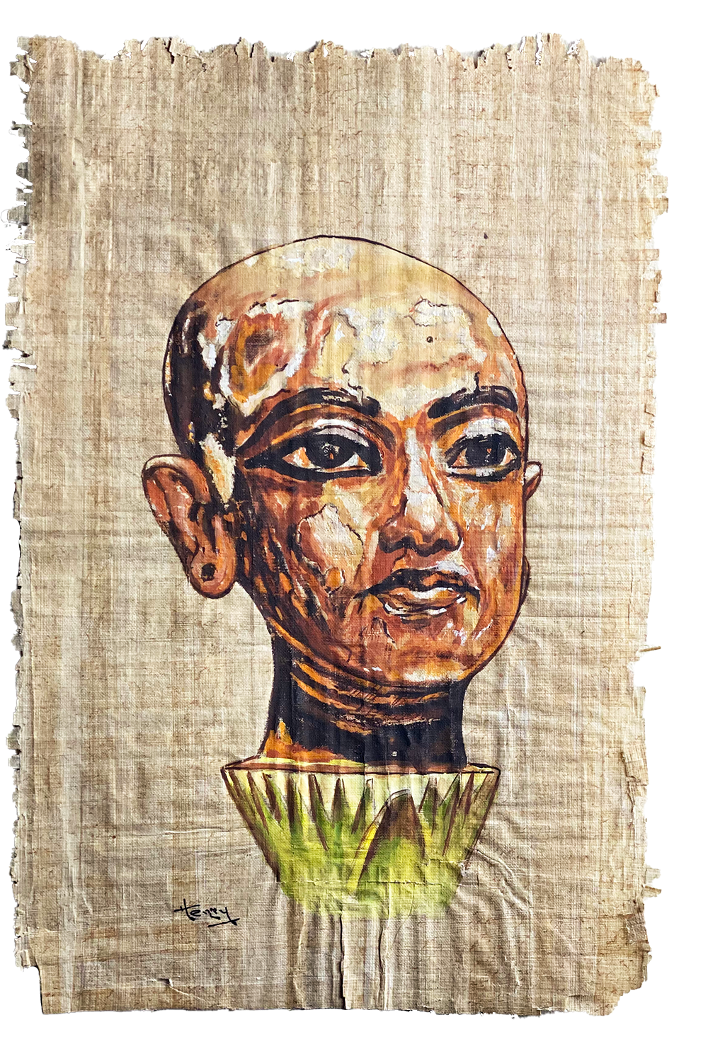 Handmade Egyptian papyrus painting: Tutankhamun as a Child on the Lotus