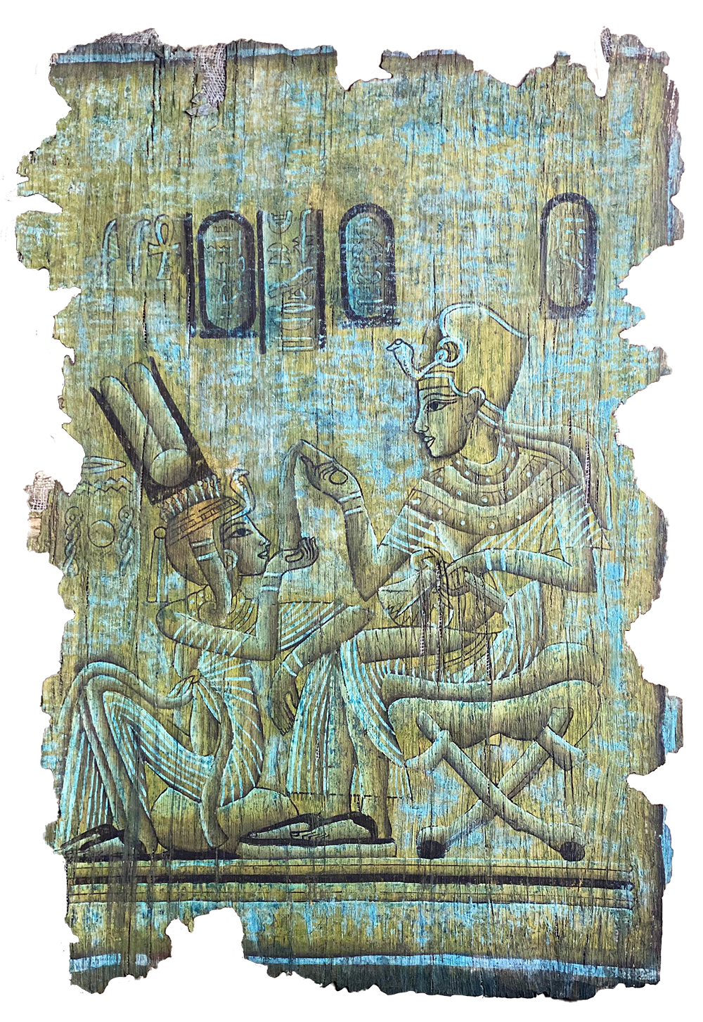 Handmade Egyptian papyrus painting: Royal Couple in Green and Gold — Antique Style