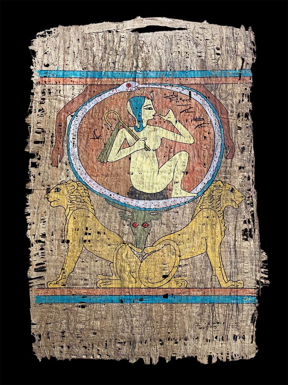 Handmade Egyptian papyrus painting: The Two Lions of the Horizon (Aker)