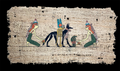 Handmade Egyptian papyrus painting: Anubis and the Mummy on the Lion Bier