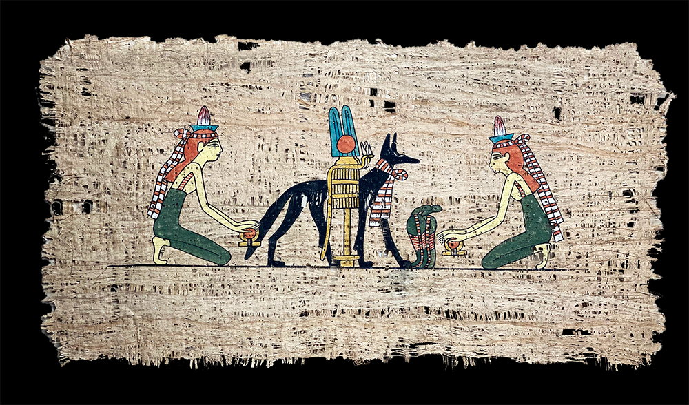 Handmade Egyptian papyrus painting: Anubis and the Mummy on the Lion Bier