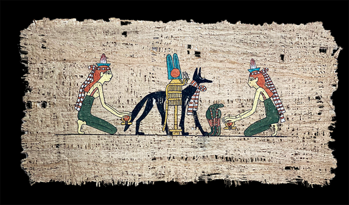 Handmade Egyptian papyrus painting: Anubis and the Mummy on the Lion Bier
