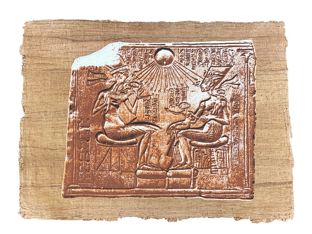 Handmade Egyptian papyrus painting: Akhenaten under the Aten — Copper Relief Style