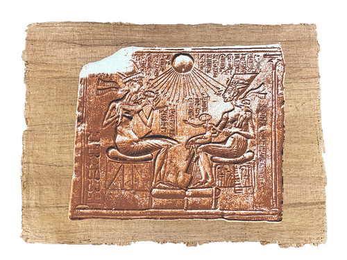 Handmade Egyptian papyrus painting: Akhenaten under the Aten — Copper Relief Style