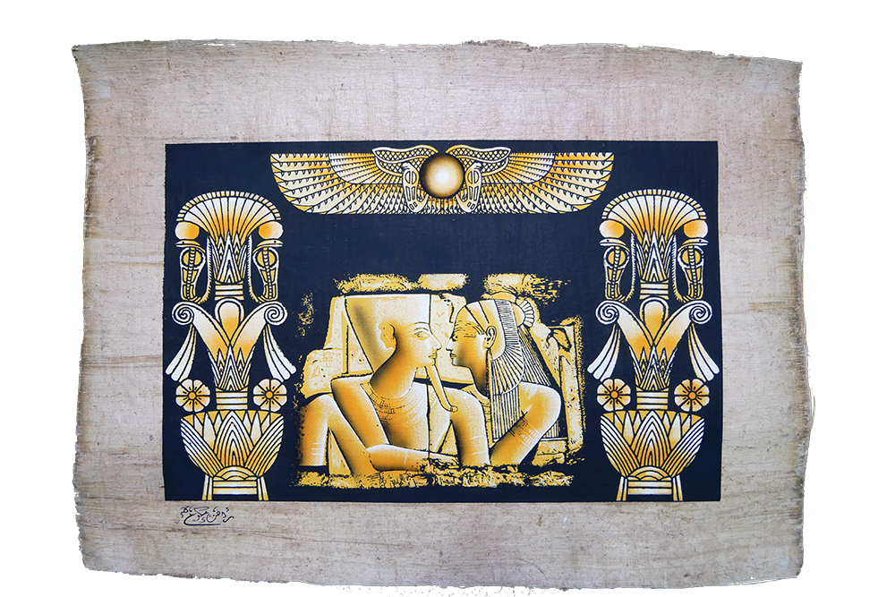 Handmade Egyptian papyrus painting: Isis and Osiris between Lotus Columns