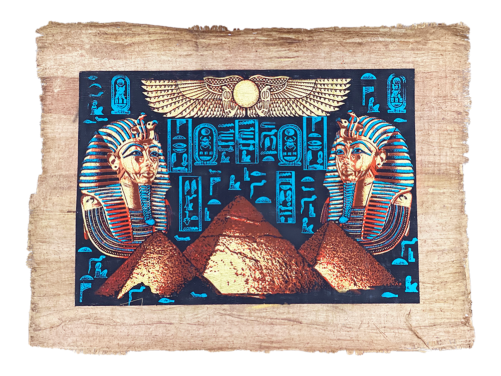 Handmade Egyptian papyrus painting: Two Masks with Pyramids — Blue and Gold