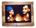 Handmade Egyptian papyrus painting: Nefertiti and Akhenaten with the Pyramids