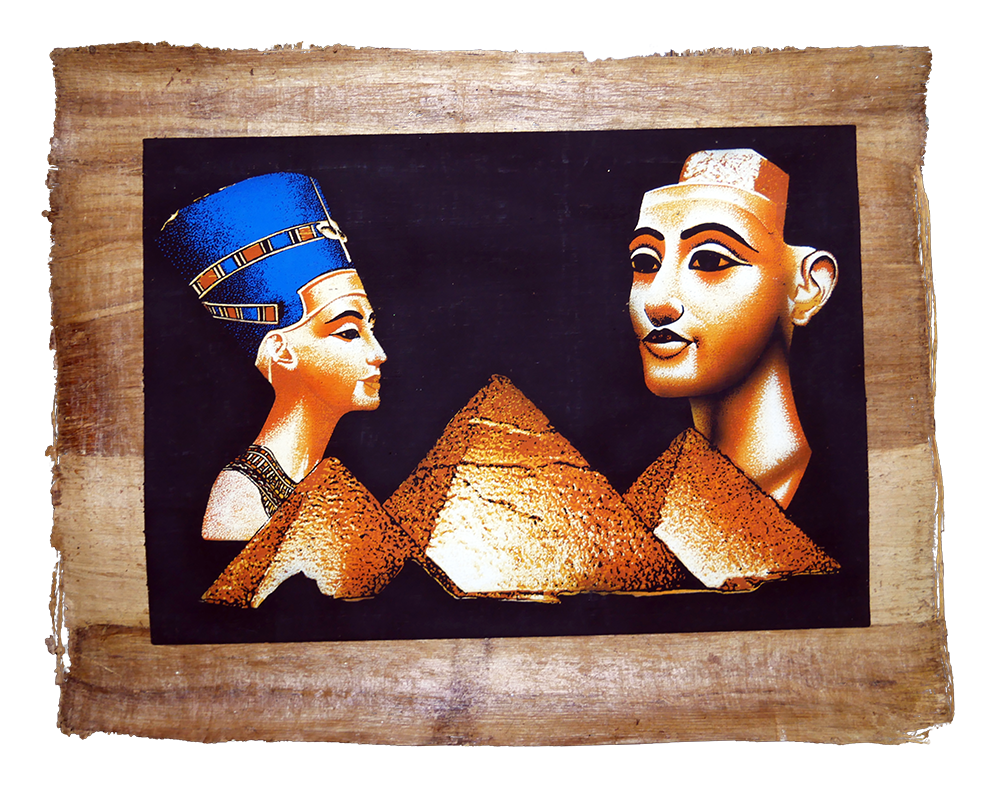 Handmade Egyptian papyrus painting: Nefertiti and Akhenaten with the Pyramids