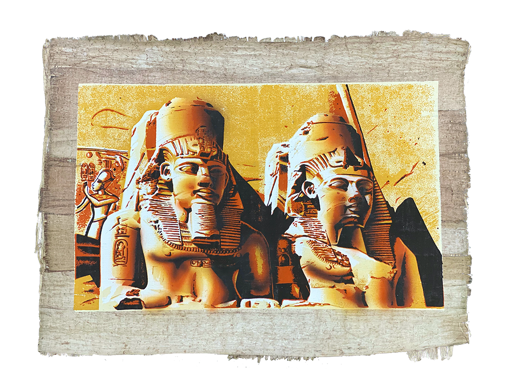 Handmade Egyptian papyrus painting: Abu Simbel — Gold Tones