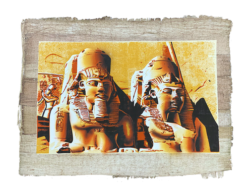 Handmade Egyptian papyrus painting: Abu Simbel — Gold Tones