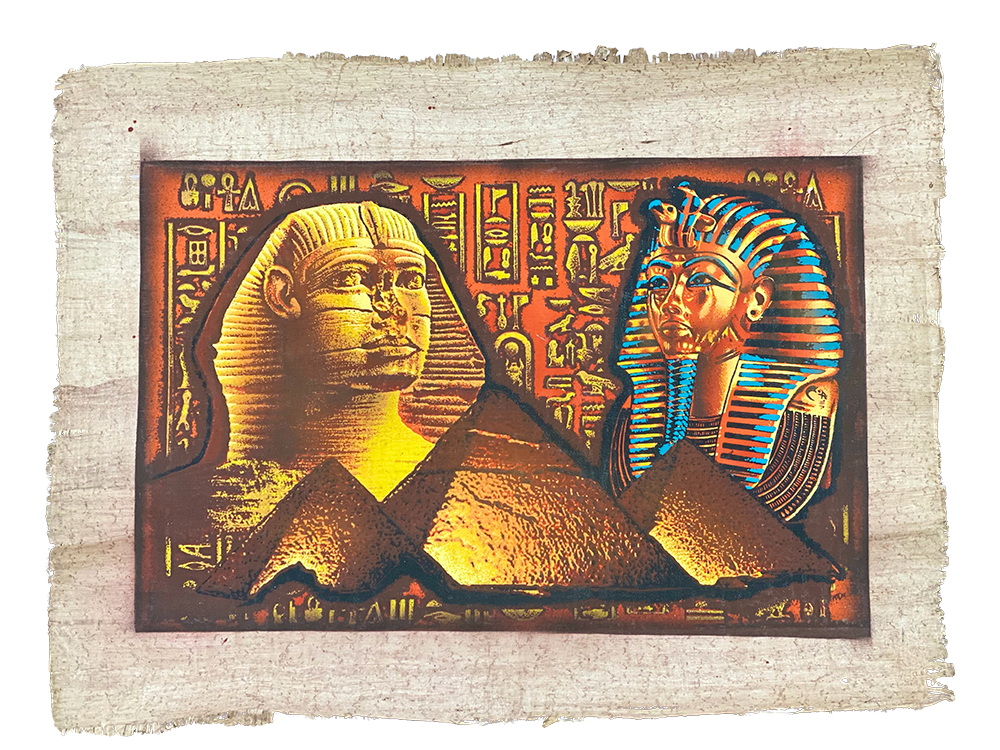 Handmade Egyptian papyrus painting: Sphinx and Mask with Hieroglyphs — Warm Tones