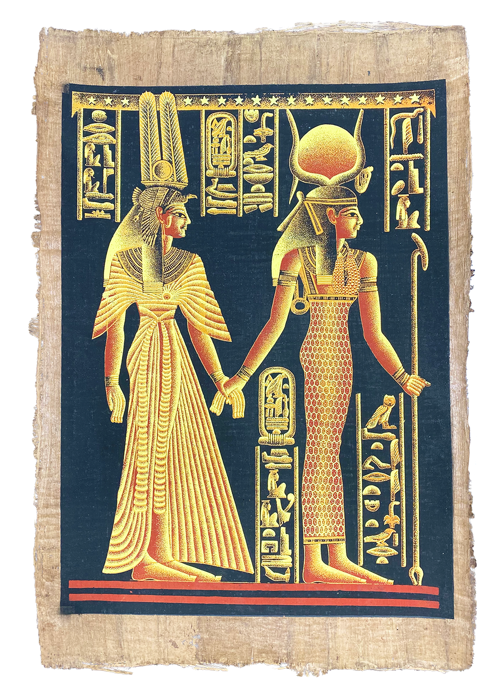Handmade Egyptian papyrus painting: Two Goddesses in Gold on Black