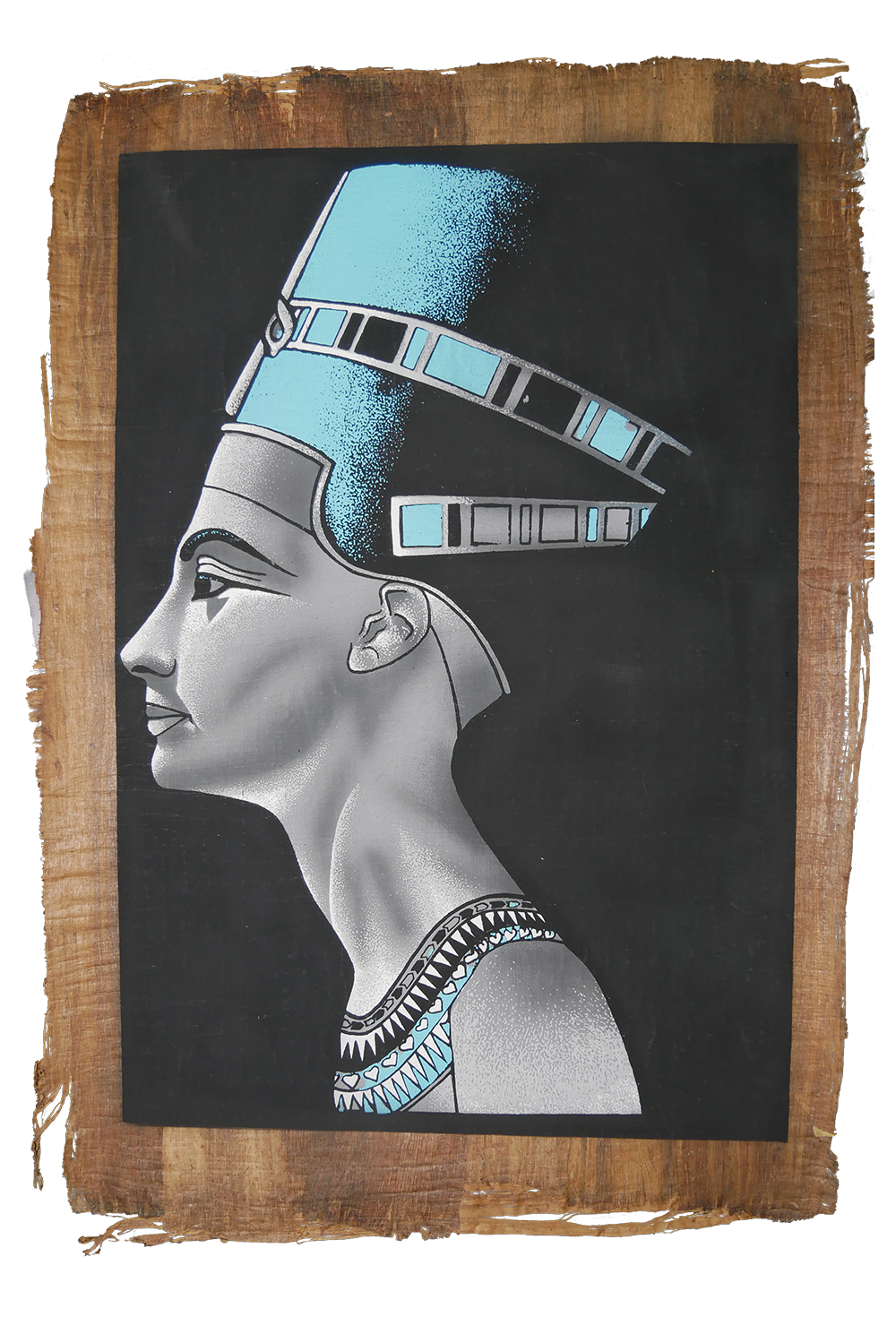 Handmade Egyptian papyrus painting: Nefertiti — Silver and Blue on Black