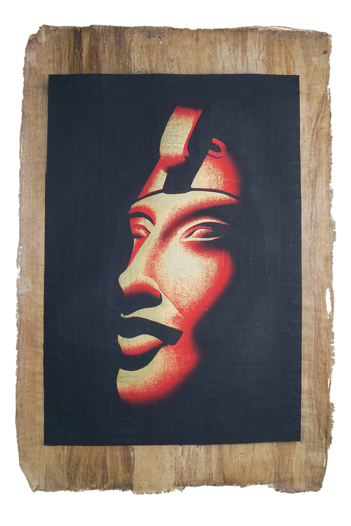 Handmade Egyptian papyrus painting: Akhenaten — Red Face on Dark Ground