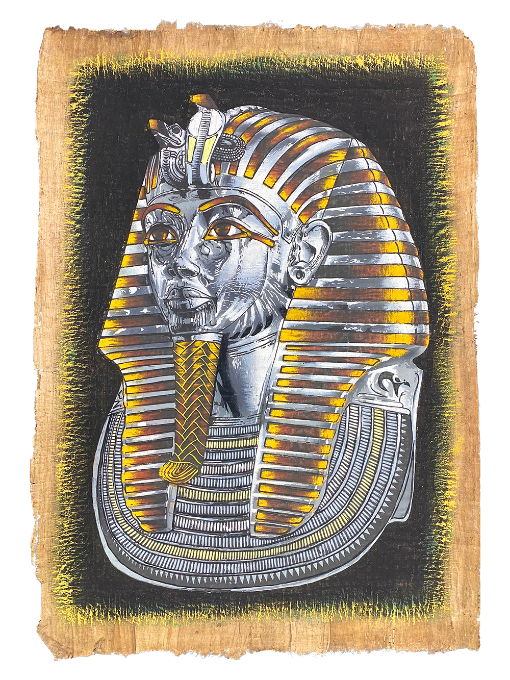 Handmade Egyptian papyrus painting: Tutankhamun — Mask in Silver and Gold