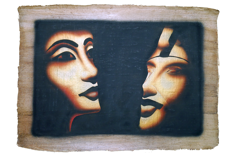 Handmade Egyptian papyrus painting: Two Queens' Faces — Red and Black