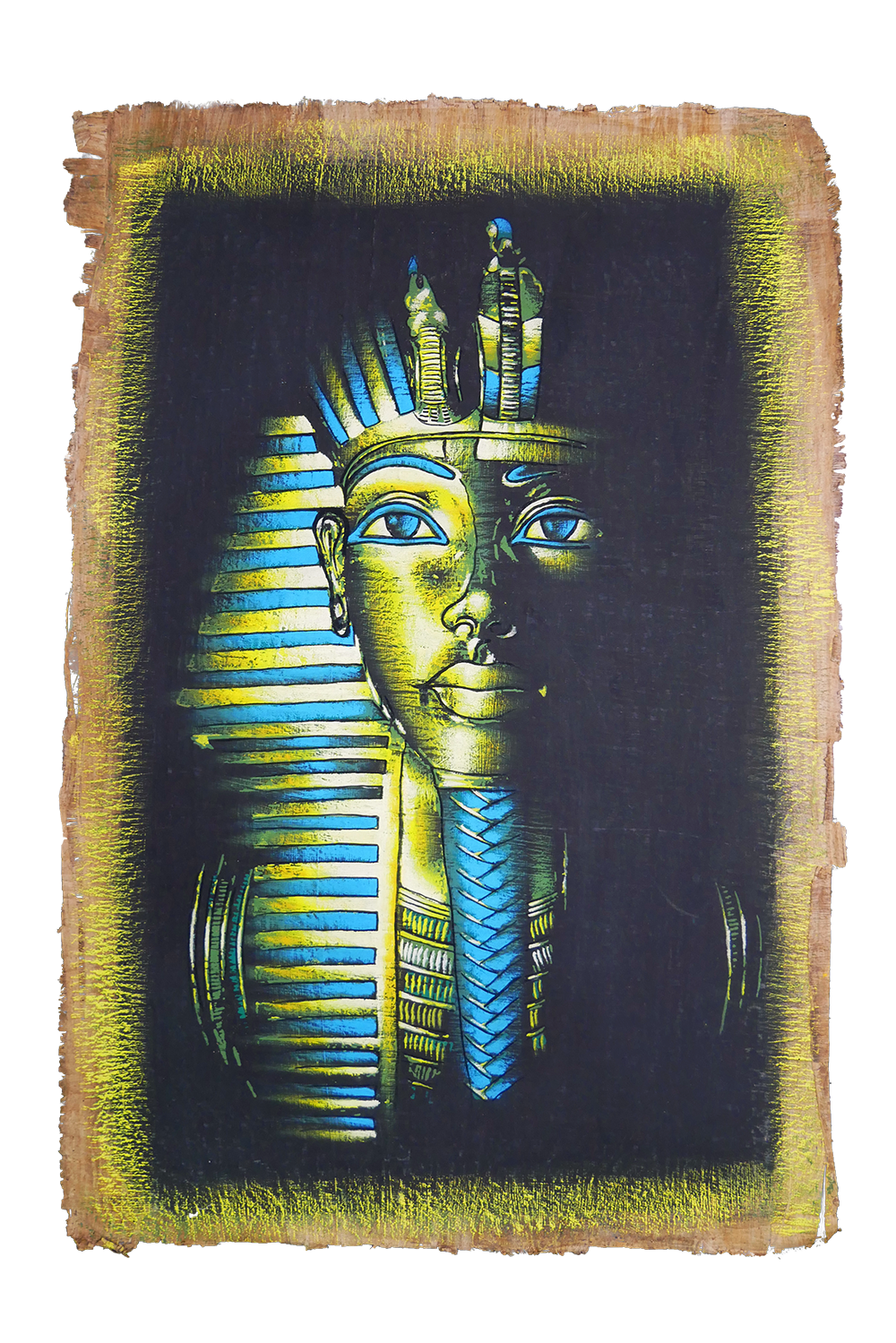 Handmade Egyptian papyrus painting: Tutankhamun — Mask in Green, Yellow and Blue