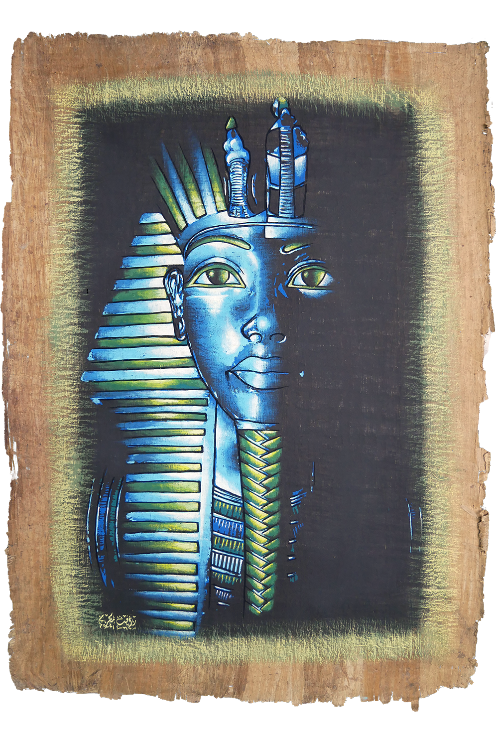 Handmade Egyptian papyrus painting: Tutankhamun — Mask in Blue and Green