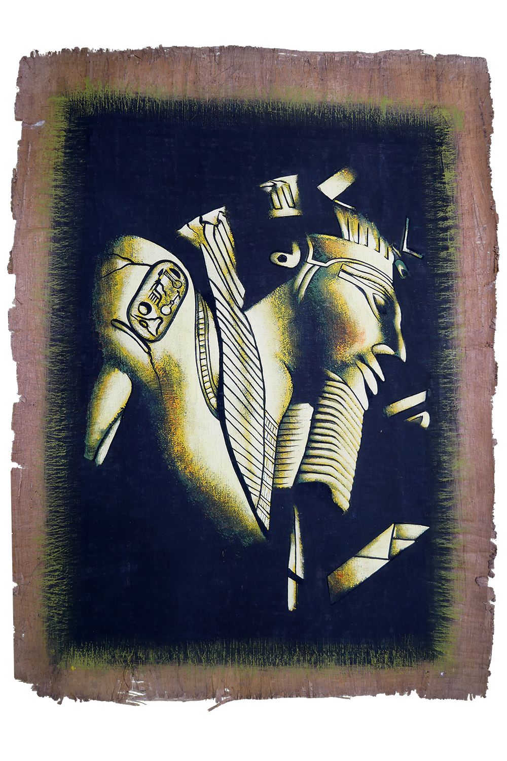 Handmade Egyptian papyrus painting: Fragmented Golden Faces — Amarna Motif
