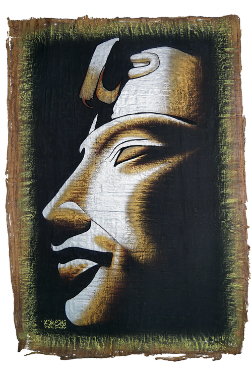 Handmade Egyptian papyrus painting: Akhenaten — Golden Head on Dark Ground