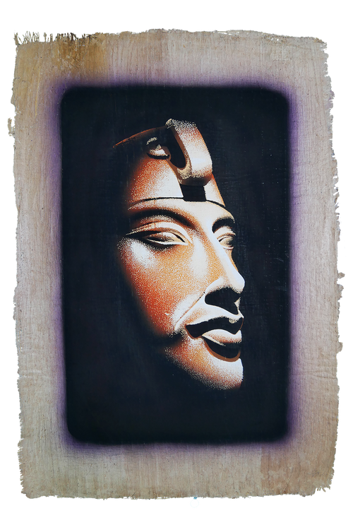 Handmade Egyptian papyrus painting: Akhenaten — Head in Gold and Rosé