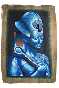 Handmade Egyptian papyrus painting: Tutankhamun — Blue Royal Statue with Crook