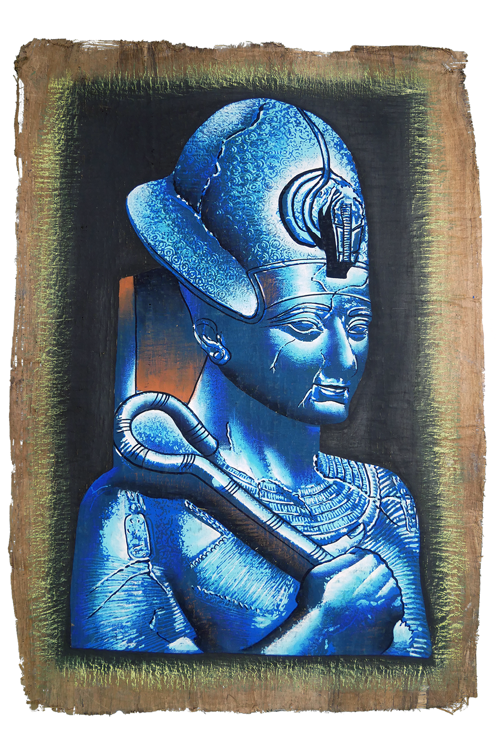 Handmade Egyptian papyrus painting: Tutankhamun — Blue Royal Statue with Crook