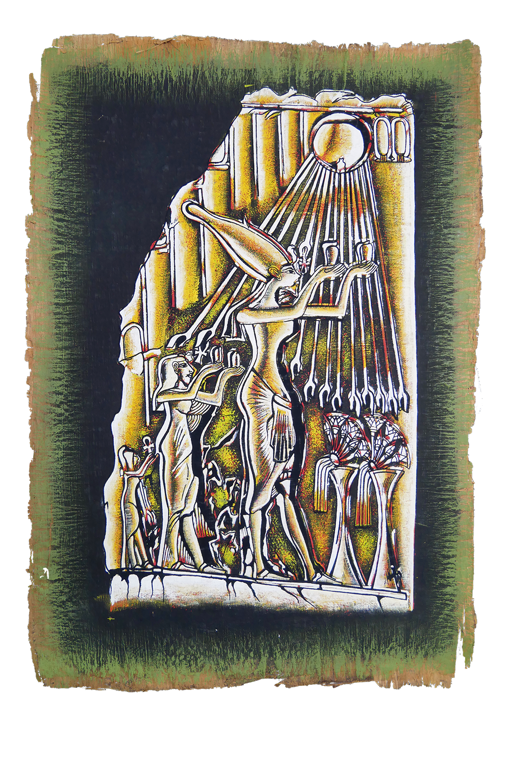 Handmade Egyptian papyrus painting: Colossal Statues — Gold on Dark Ground