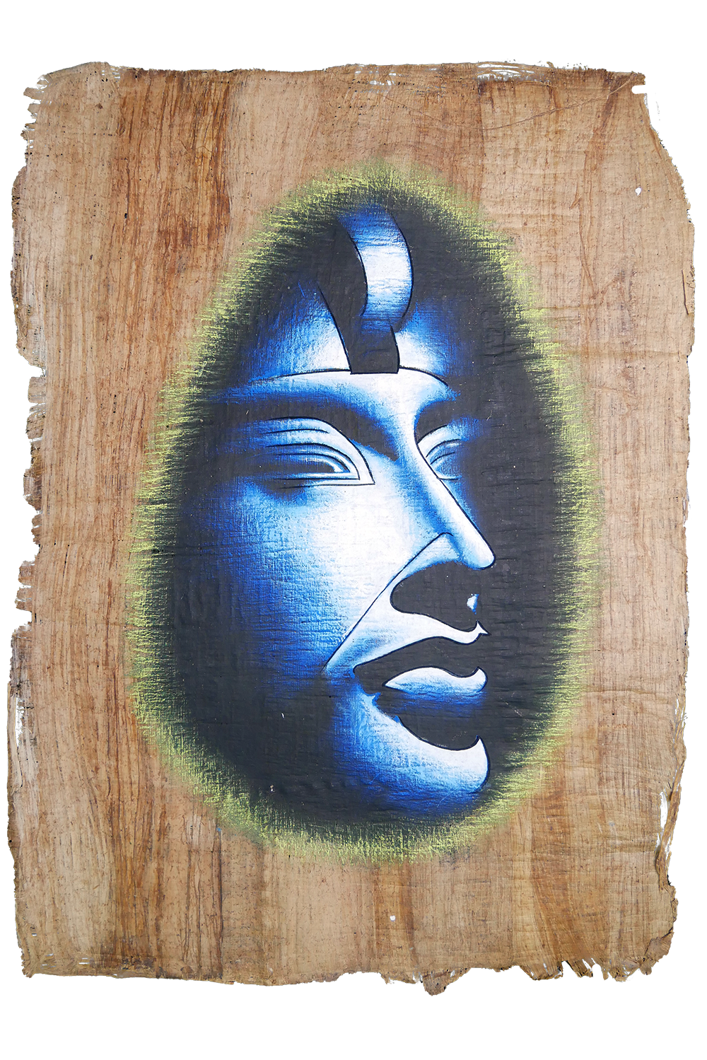 Handmade Egyptian papyrus painting: Akhenaten — Blue Face on Light Oval