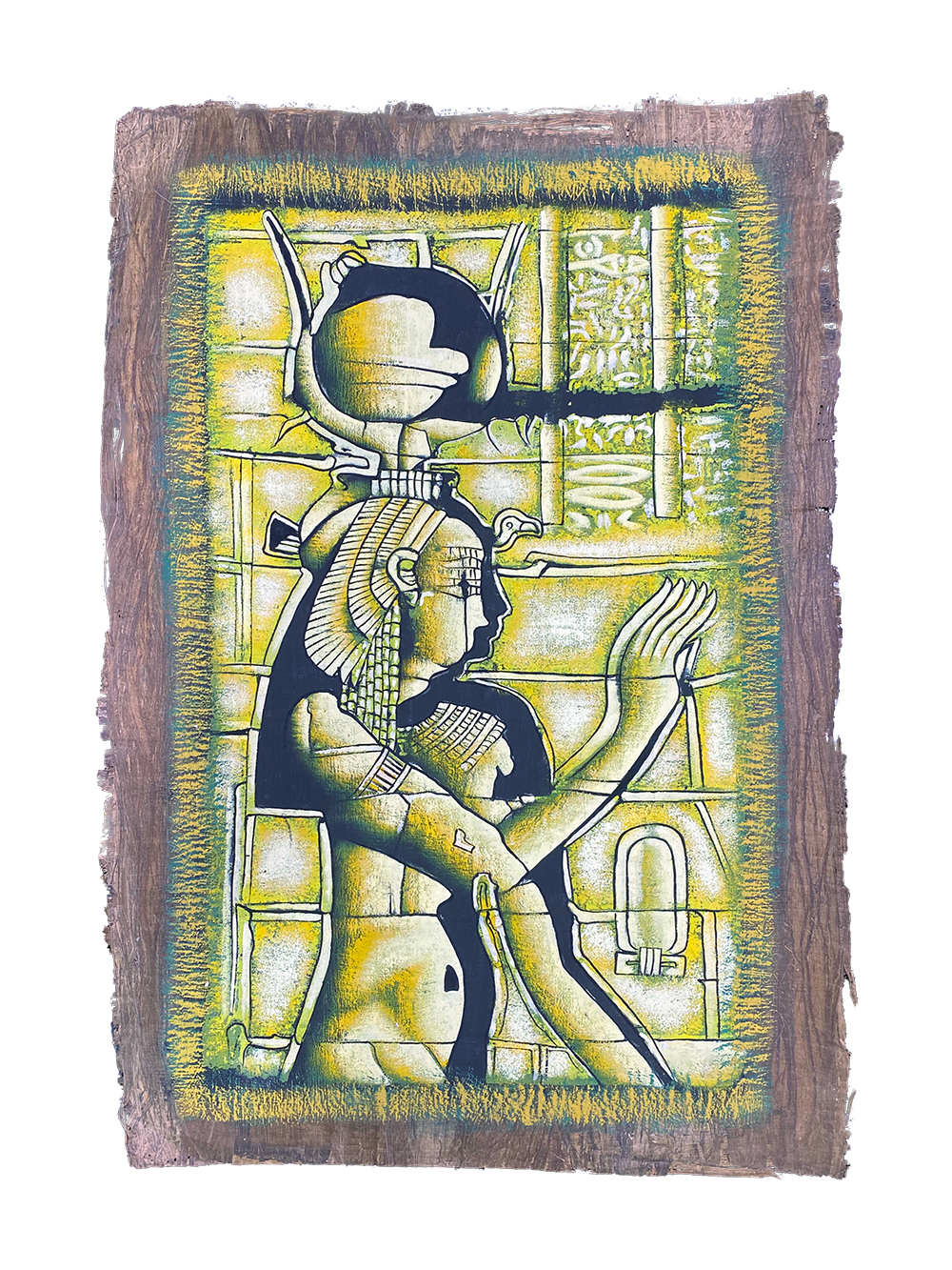 Handmade Egyptian papyrus painting: Enthroned Goddess — Yellow-Green Relief