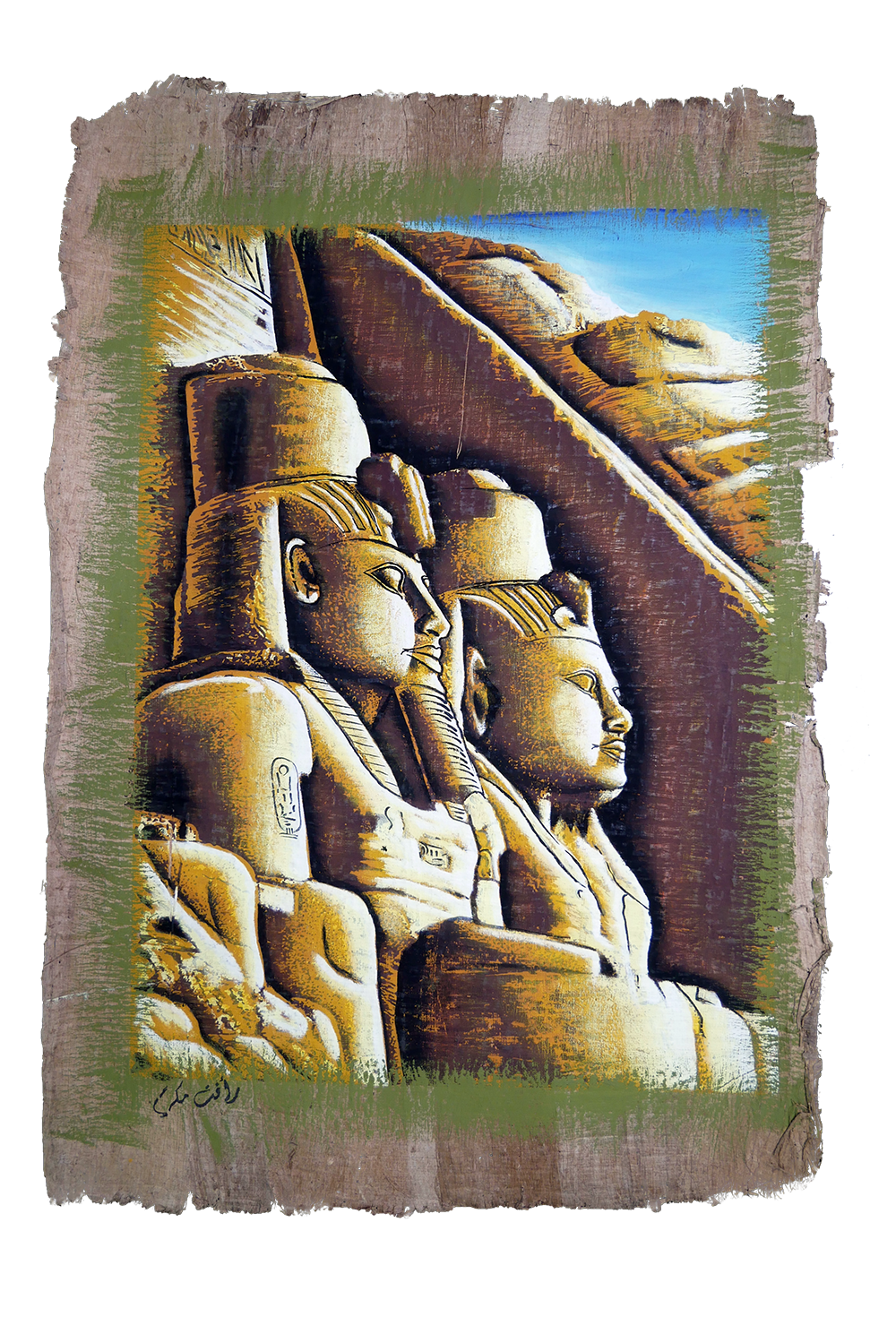 Handmade Egyptian papyrus painting: Abu Simbel — Two Colossi in Warm Tones