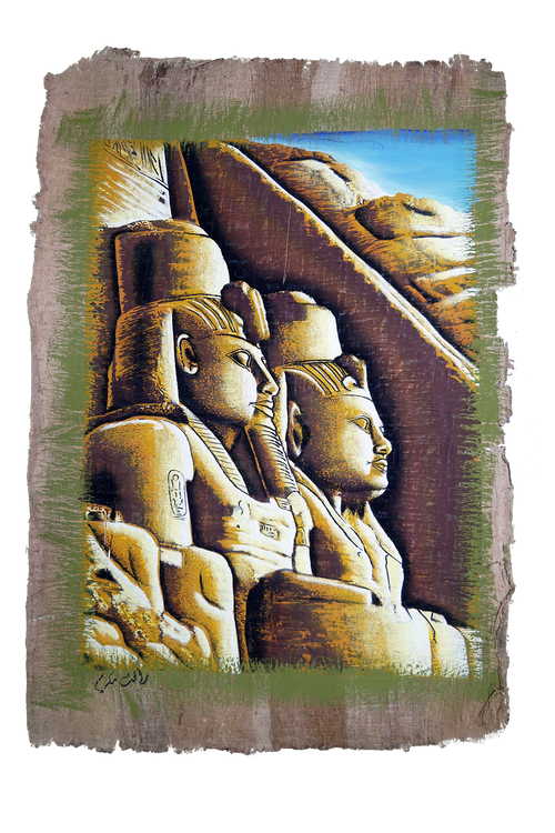 Handmade Egyptian papyrus painting: Abu Simbel — Two Colossi in Warm Tones