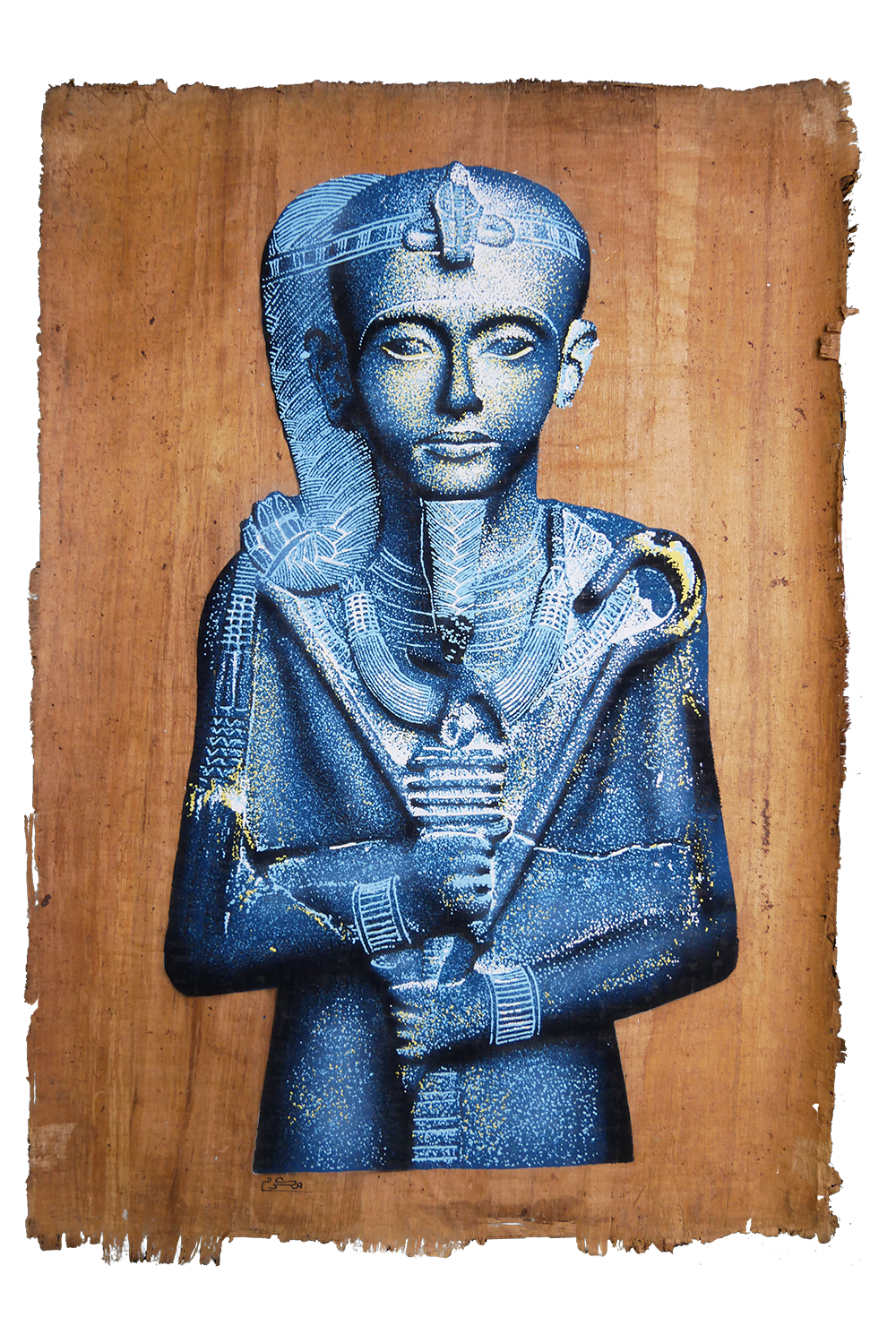 Handmade Egyptian papyrus painting: Tutankhamun — Standing Royal Statue in Blue