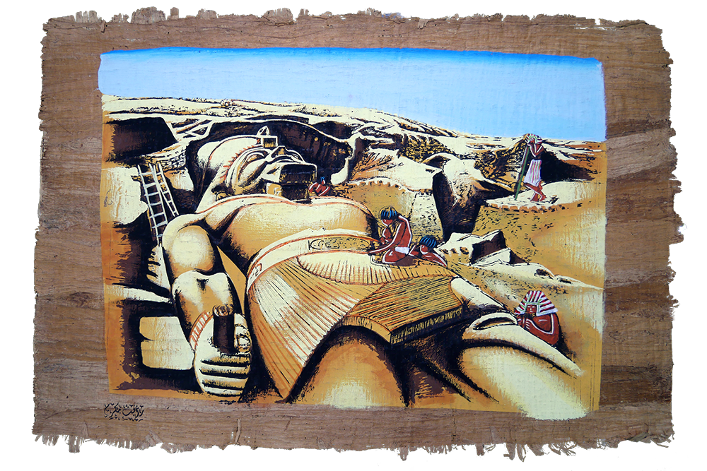 Handmade Egyptian papyrus painting: Giza Panorama — Pyramids and Sphinx