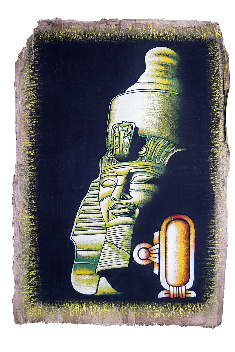 Handmade Egyptian papyrus painting: Pharaoh Statue with Royal Cartouche — Green and Gold